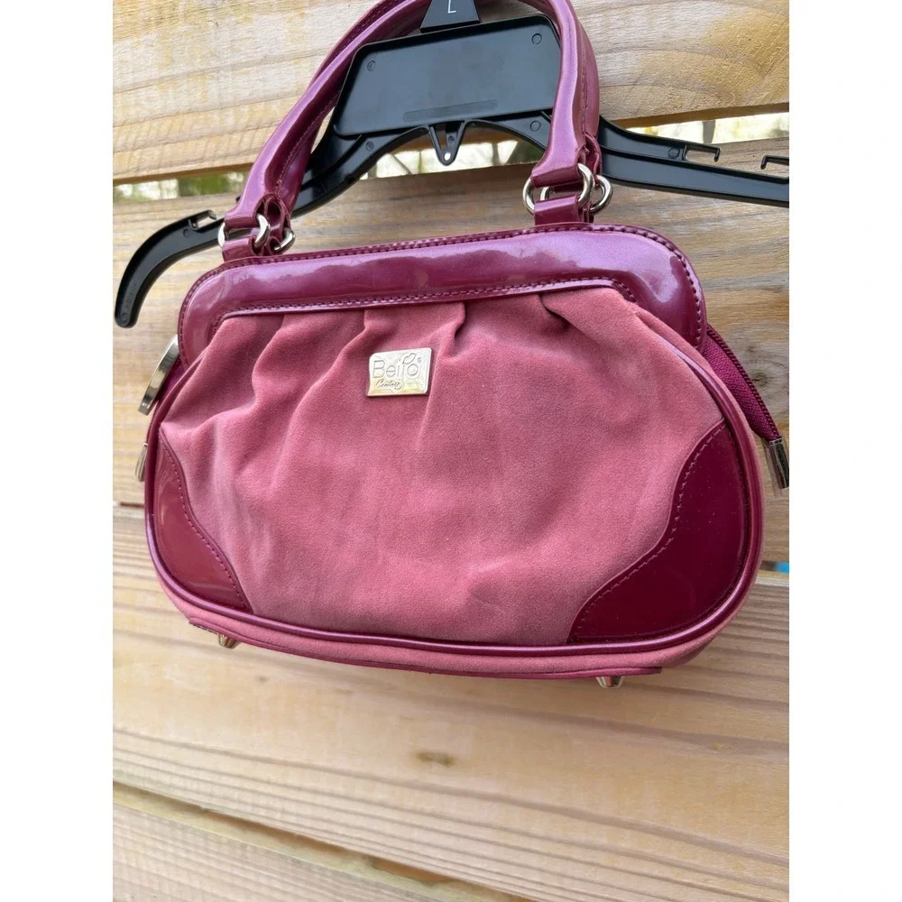 Y2K Beijo Couture Satchel Handbag Mauve Patent Trim Ruched Faux Suede Frame 11in